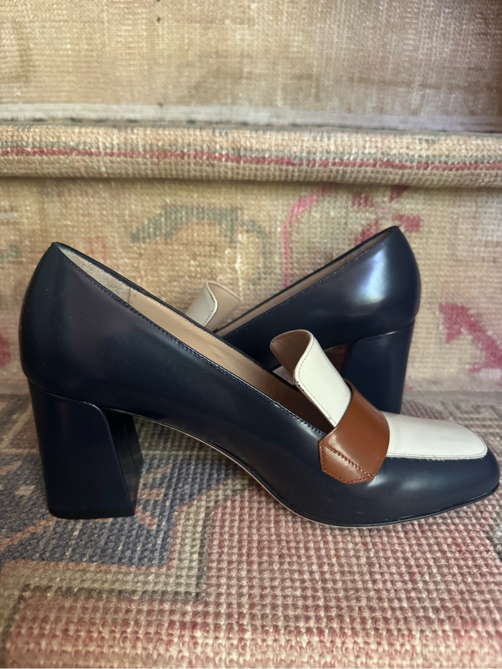 M.Gemi  Two-Tone Navy and Cream Leather Block Heel Loafers with Brown Accent